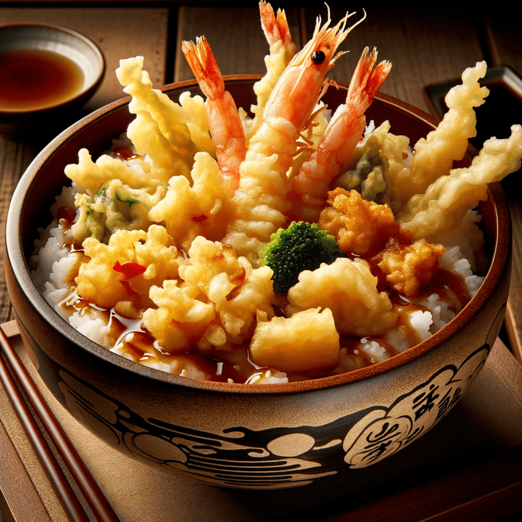 A Japanese bowl of rice with shrimp and vegetables.